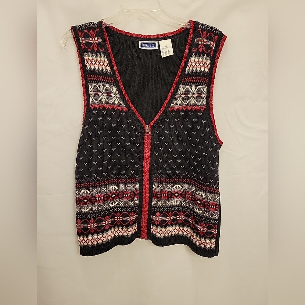 Erika & Co Vintage Knit V-neck Zip Up Sweater Vest Blue Red Size Med